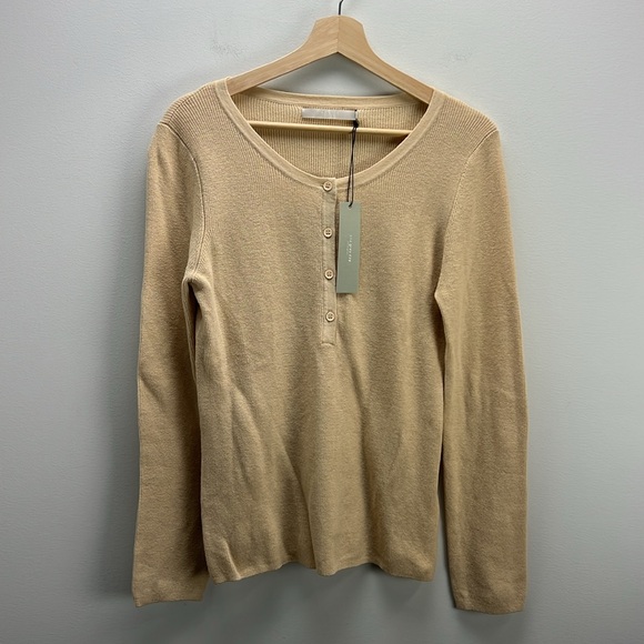 One Grey Day Tops - One Grey Day Ribbed Henley Top Cotton Tan Stretchy Sweater Large Revolve New NWT